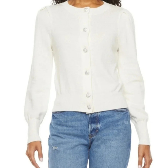 NEW cashmere cotton blend embellish button cream sweater cardigan large - Picture 5 of 12